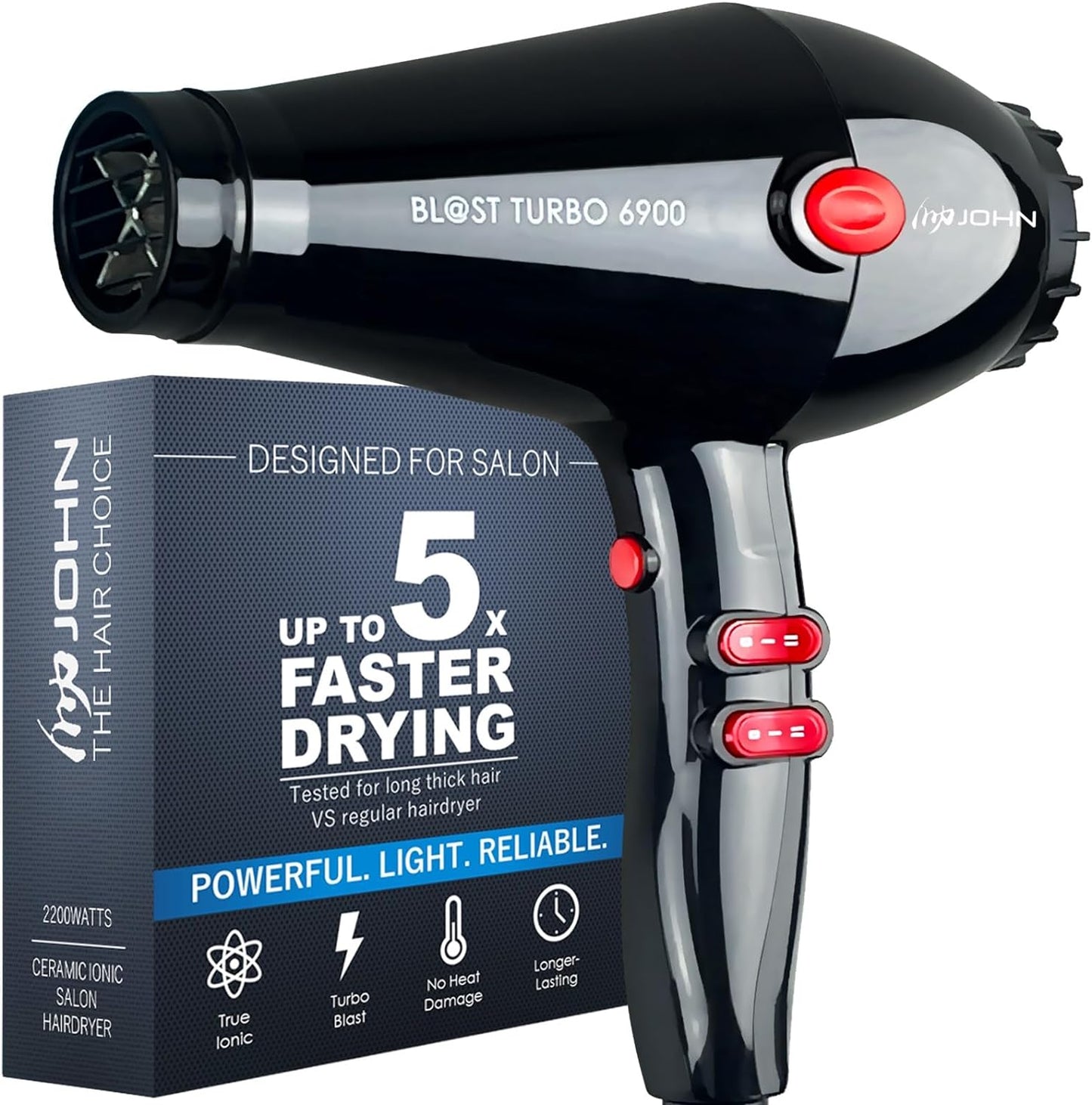 JOHN Hair Dryer, Professional Salon Blow Dryer with 2200Watts Powerful Ceramic Ionic, Fast Blow Drying, Blast Turbo 6900, Black