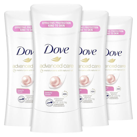 Dove Antiperspirant Deodorant Stick Beauty Finish, 4 Count for Women, for 48 Hour Protection And Soft And Comfortable Underarms, 2.6 oz