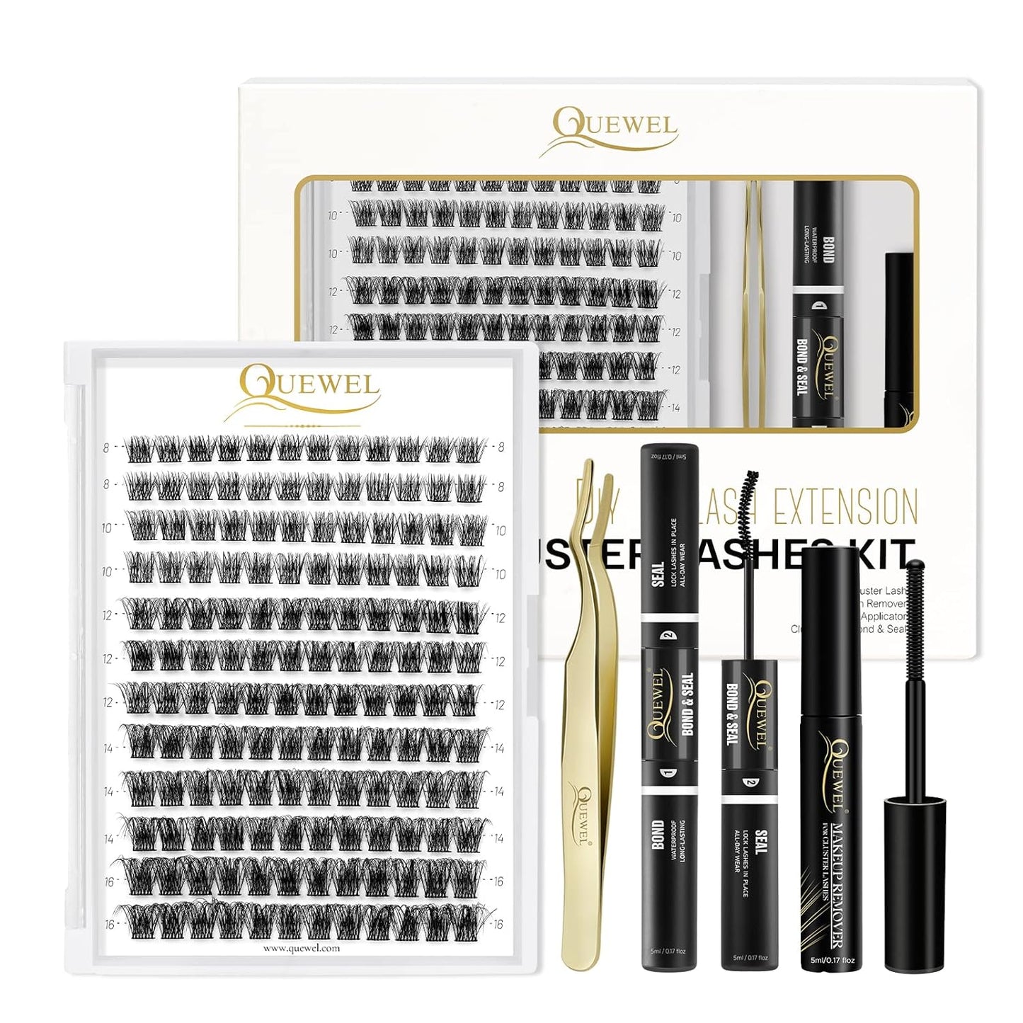 QUEWEL DIY Eyelash Extensions Kit, Lash Clusters 144 Pcs, Clusters Eyelash Applicator Tool, Super Hold Cluster Lashes Bond and Seal, Glue Remover Easy to Apply at Home(S012-Kit)