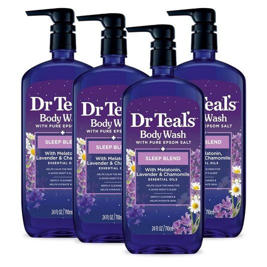 Dr Teal's Body Wash with Pure Epsom Salt, Sleep Blend with Melatonin, Lavender & Chamomile Essential Oils, 24 fl oz (Pack of 4) (Packaging May Vary)