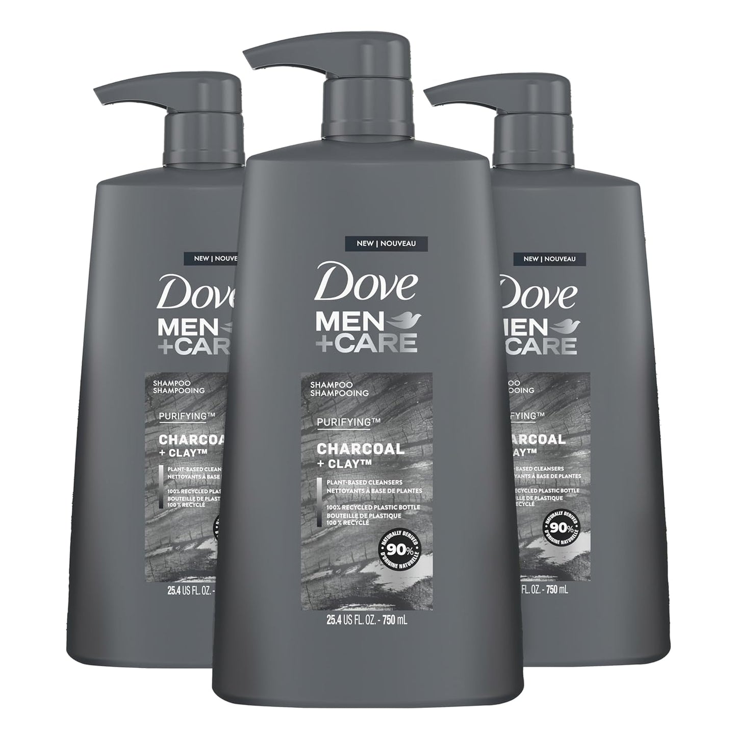 DOVE MEN + CARE Shampoo Charcoal + Clay 3 Count For Healthy-Looking Hair Naturally Derived Plant Based Cleansers 25.4 oz