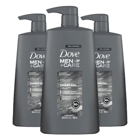 DOVE MEN + CARE Shampoo Charcoal + Clay 3 Count For Healthy-Looking Hair Naturally Derived Plant Based Cleansers 25.4 oz
