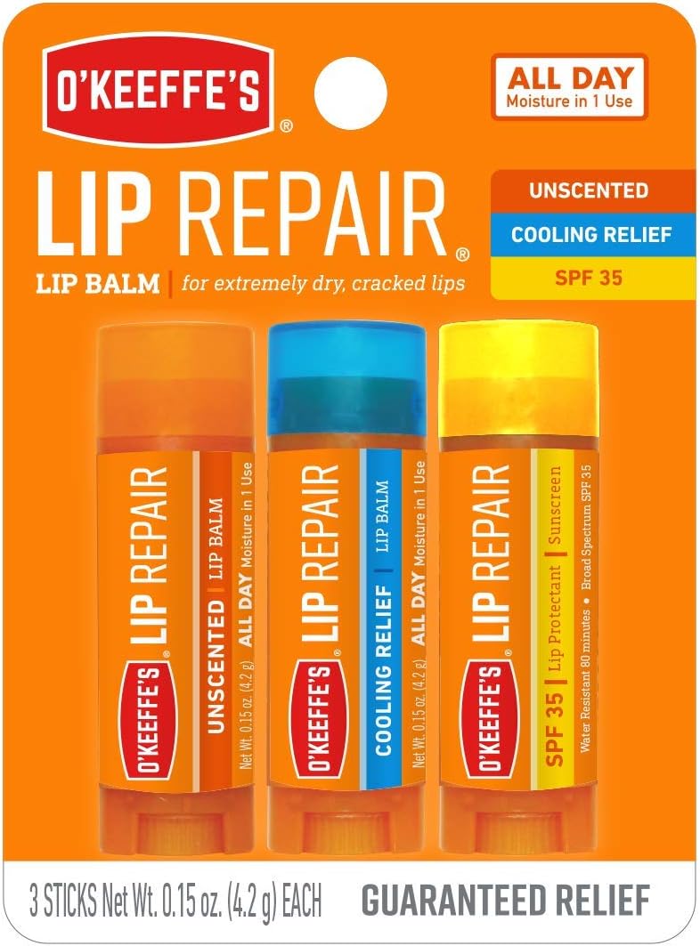 O'Keeffe's Lip Repair Lip Balm for Dry, Cracked Lips, Stick, (Pack of 3: 1 Cooling + 1 Unscented + 1 SPF)
