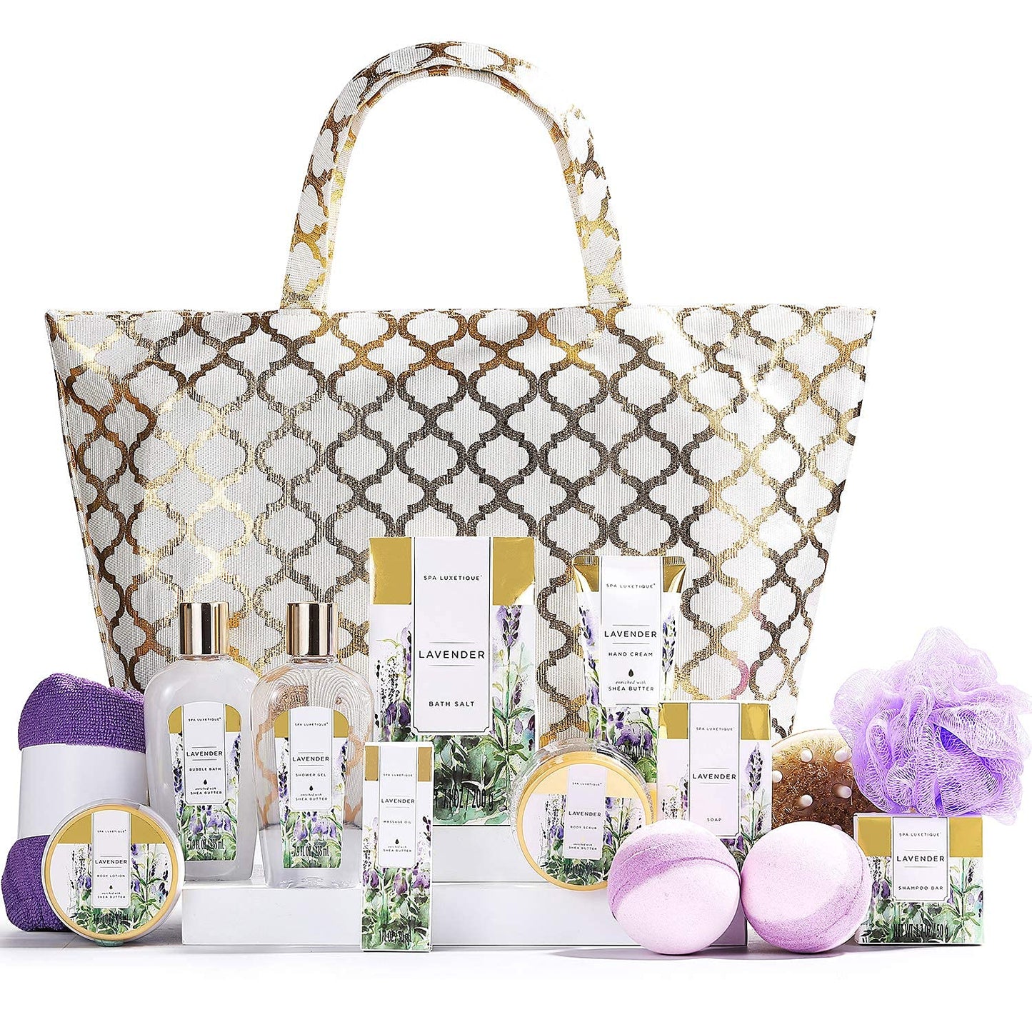 Gift Baskets for Women Spa Gifts for Women 15pcs Lavender Home Spa Kit for Women Gifts Spa Luxetique Bath and Body Gift Sets Tote Bag Gifts for Women Valentine's Day Gifts Birthday Gifts for Women Her