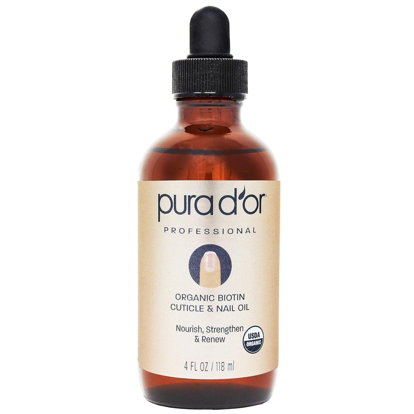 PURA D'OR Organic Nail & Cuticle Oil (4oz) - Enriched with Biotin, Vitamin E, Natural Ingredients - Nourishing Treatment for Nail Growth & Healthy Beds