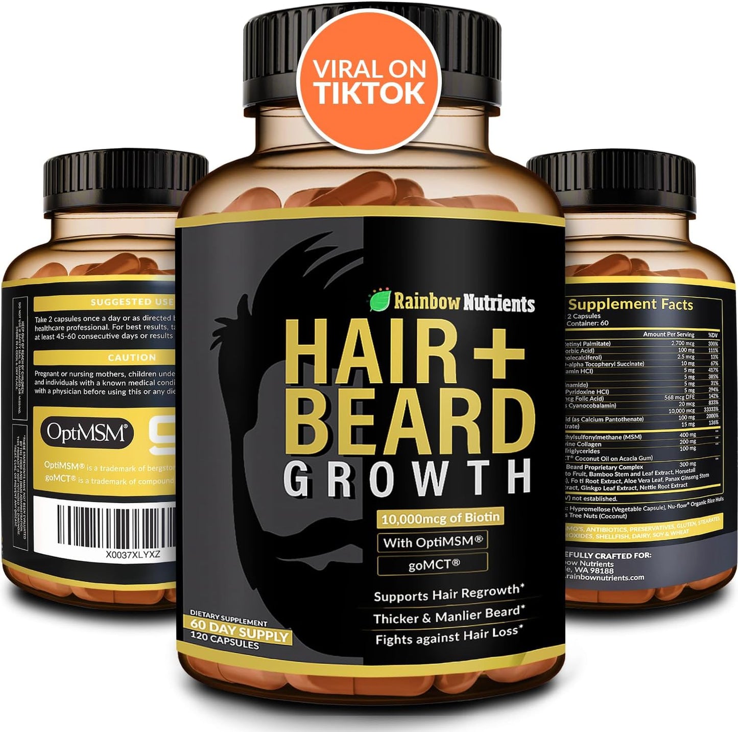Rainbow Nutrients, LLC Hair + Beard Growth Vitamins for Men | Biotin 10,000mcg, Patented OptiMSM¨, goMCT¨, Saw Palmetto, Collagen | 60 Day Supply | Naturally Regrow Stronger, Thicker, Healthier Hair