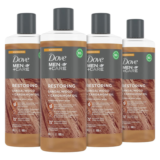 DOVE MEN + CARE Body Wash For Fresh, Healthy-Feeling Skin Sandalwood + Cardamom Oil Cleanser That Effectively Washes Away Bacteria While Nourishing Your Skin 18 oz 4 Count