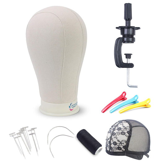 Eerya 21-24 Inch Canvas Block Head Set for Wig Display Making Hair Weave and Styling Mannequin Head with Mount Hole C Stand, Styling Hair Clips, T Needle, C Needles, Thread, Lace Wig Caps (22 Inch)