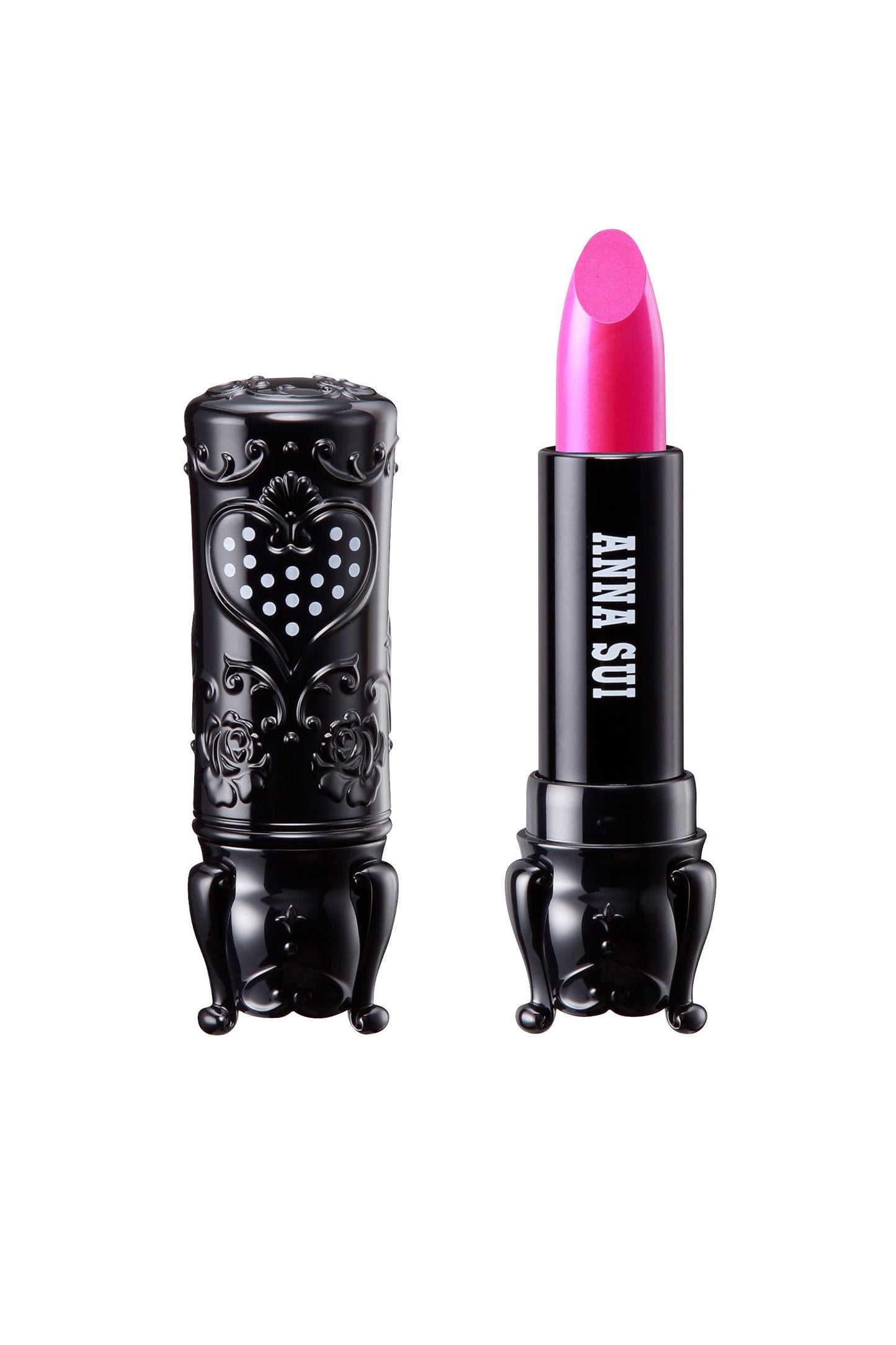301 Neon Pink in a cylindrical case, with 3 legs, a heart with white dots & floral design on the cap