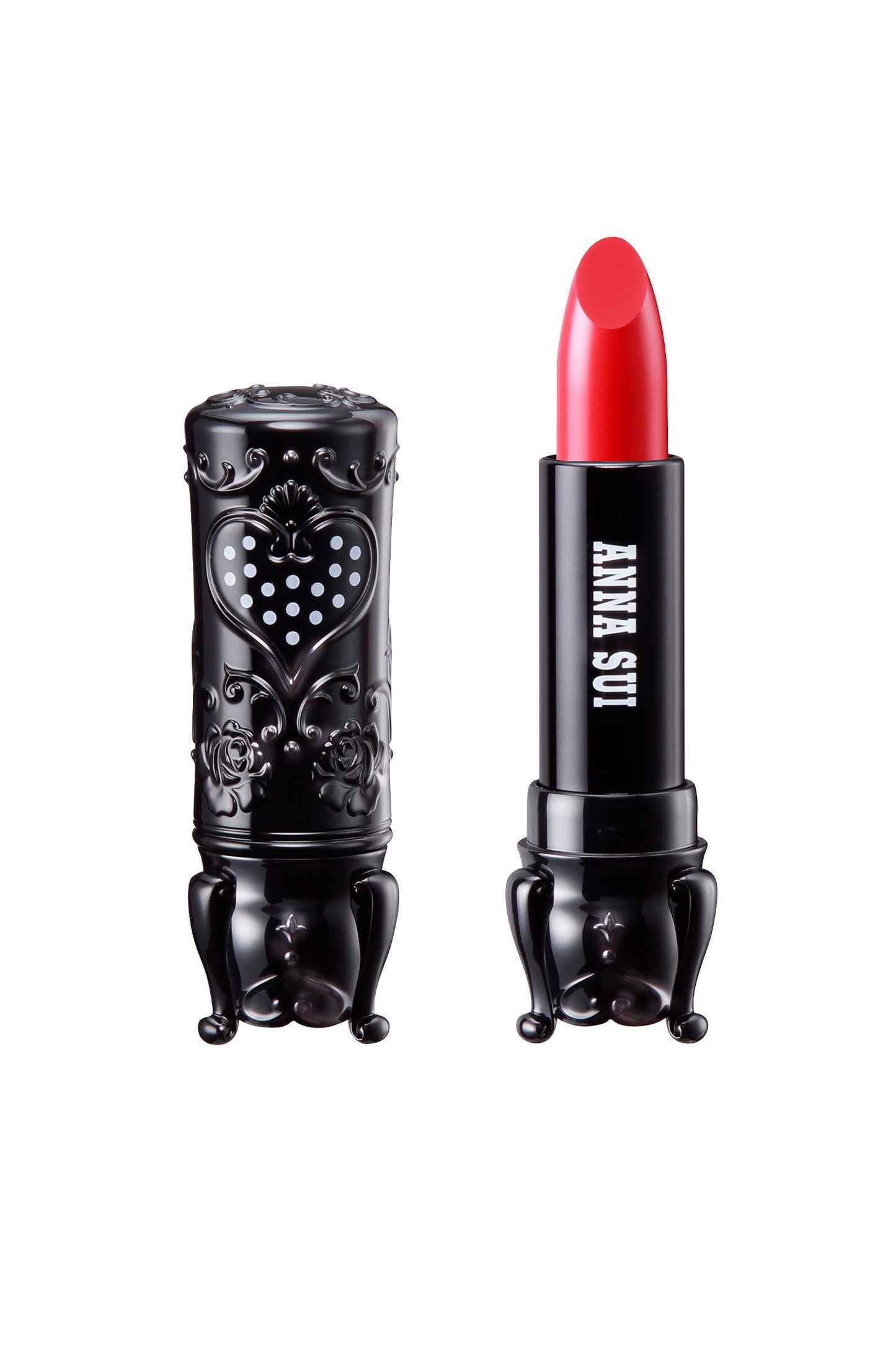 404 Classic Red in a cylindrical case, with 3 legs, a heart with white dots & floral design on the cap