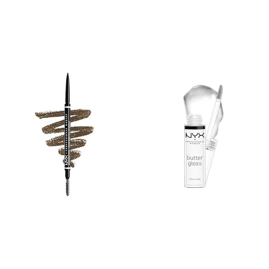 NYX PROFESSIONAL MAKEUP Micro Brow Pencil, Eyebrow Pencil - Ash Brown & Butter Gloss, Non-Sticky Lip Gloss - Sugar Glass