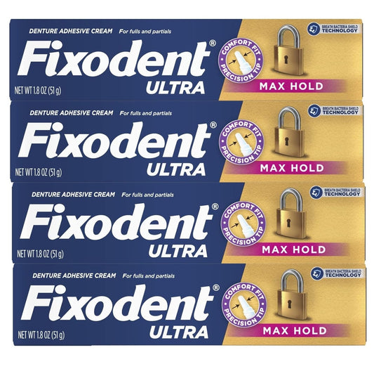 Fixodent Ultra Max Hold Comfort Fit Secure Denture Adhesive 1.8oz (Pack of 4) - Packaging May Vary