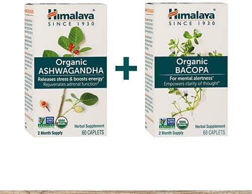 Himalaya Organic Ashwagandha + Organic Bacopa Brain Booster Kit, Ashwagandha 670 mg for Energy Boost & Stress Relief + Bacopa 750mg Nootropic Brain Booster for Mental Focus, Memory and Clarity