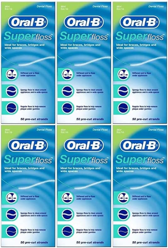 Oral-B Super Floss Mint Dental Floss for Braces Bridges - 50 Strips (Pack of 6)