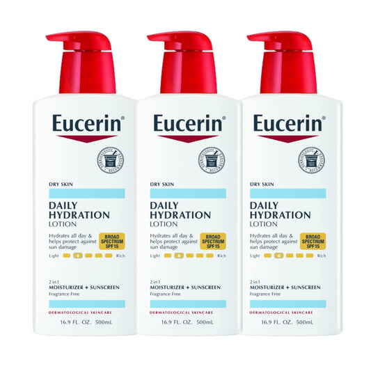 Eucerin Daily Hydration Lotion with SPF 15 - Broad Spectrum Body Lotion for Dry Skin - 16.9 fl. Oz. Pump Bottle (Pack of 3)