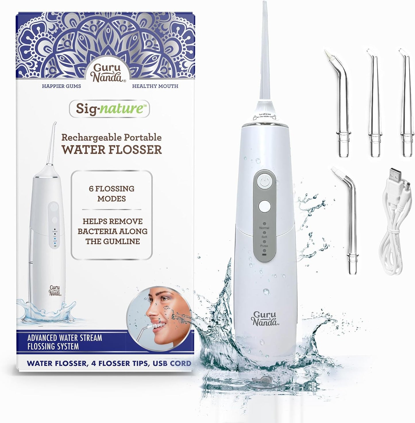GuruNanda Cordless Water Flosser for Teeth, Gums & Braces - Portable & Rechargeable 300 ml Water Pick with 6 Flossing Modes, 4 Replaceable Tips & IPX7 Waterproof - Oral Irrigator for Home & Travel