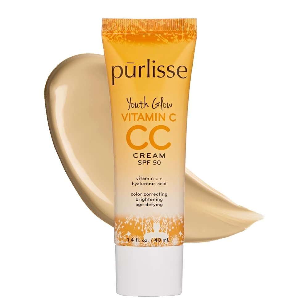 purlisse Youth Glow Vitamin C CC Cream SPF 50: Cruelty-Free & Clean, Paraben & Sulfate-Free, Full Coverage, Hydrates with Hyaluronic Acid | Light Medium 1.4oz