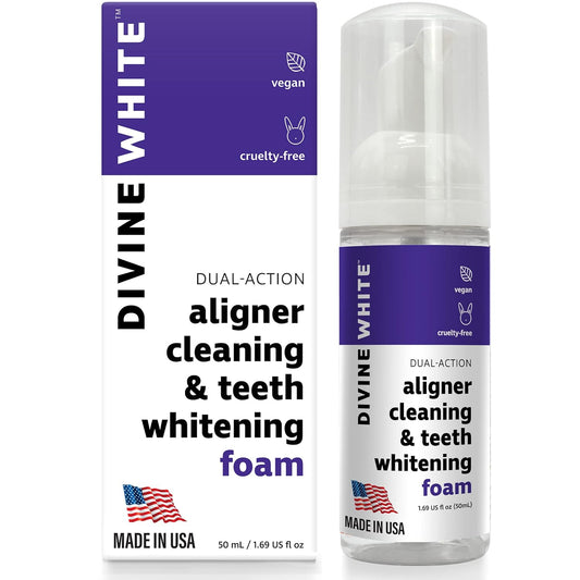 Divine White Dual-Action Stain Removal Aligner/retainer Cleaner and Teeth Whitening Foam- Hydrogen Peroxide-Good for Invisalign, ClearCorrect, SmileDirectClub, Candid -Oral Care-Toothpaste Replacement