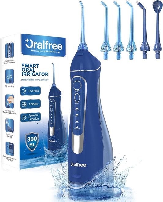 Oralfree Water Dental Flosser Cordless for Teeth Cleaning - 4 Modes Oral Irrigator 300ML Braces Flossers Cleaner, Rechargeable Portable IPX7 Waterproof Powerful Battery for Travel Home