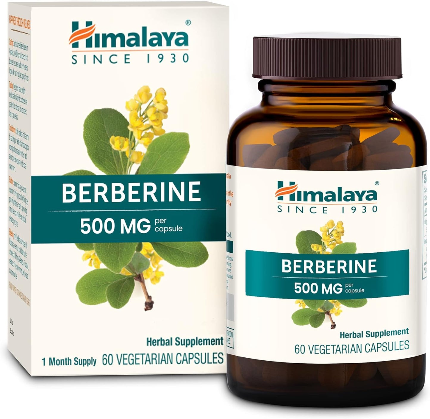 Himalaya Berberine 500 mg Capsule, 1 Month Supply, 2 Capsules Daily, Berberine HCL from Indian Barberry Root, Vegan, Gluten Free, Herbal Supplement, 60 Capsules