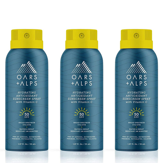 Oars + Alps Hydrating SPF 50 Sunscreen Spray, Infused with Vitamin C and Antioxidants, Water and Sweat Resistant, TSA Friendly, 1.87 Oz Each, 3 Pack