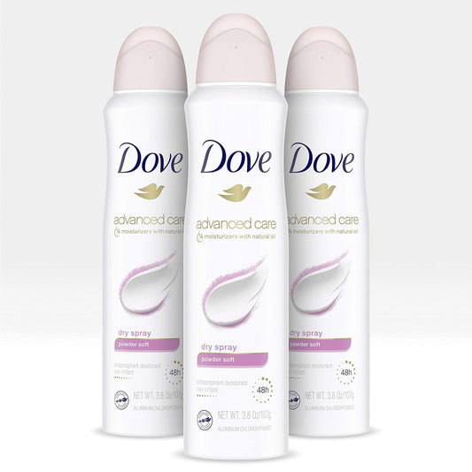 Dove Advanced Care Dry Spray Antiperspirant Deodorant for Women, Powder Soft, for 48 Hour Protection And Soft And Comfortable Underarms, 3.8 Ounce (Pack of 3)