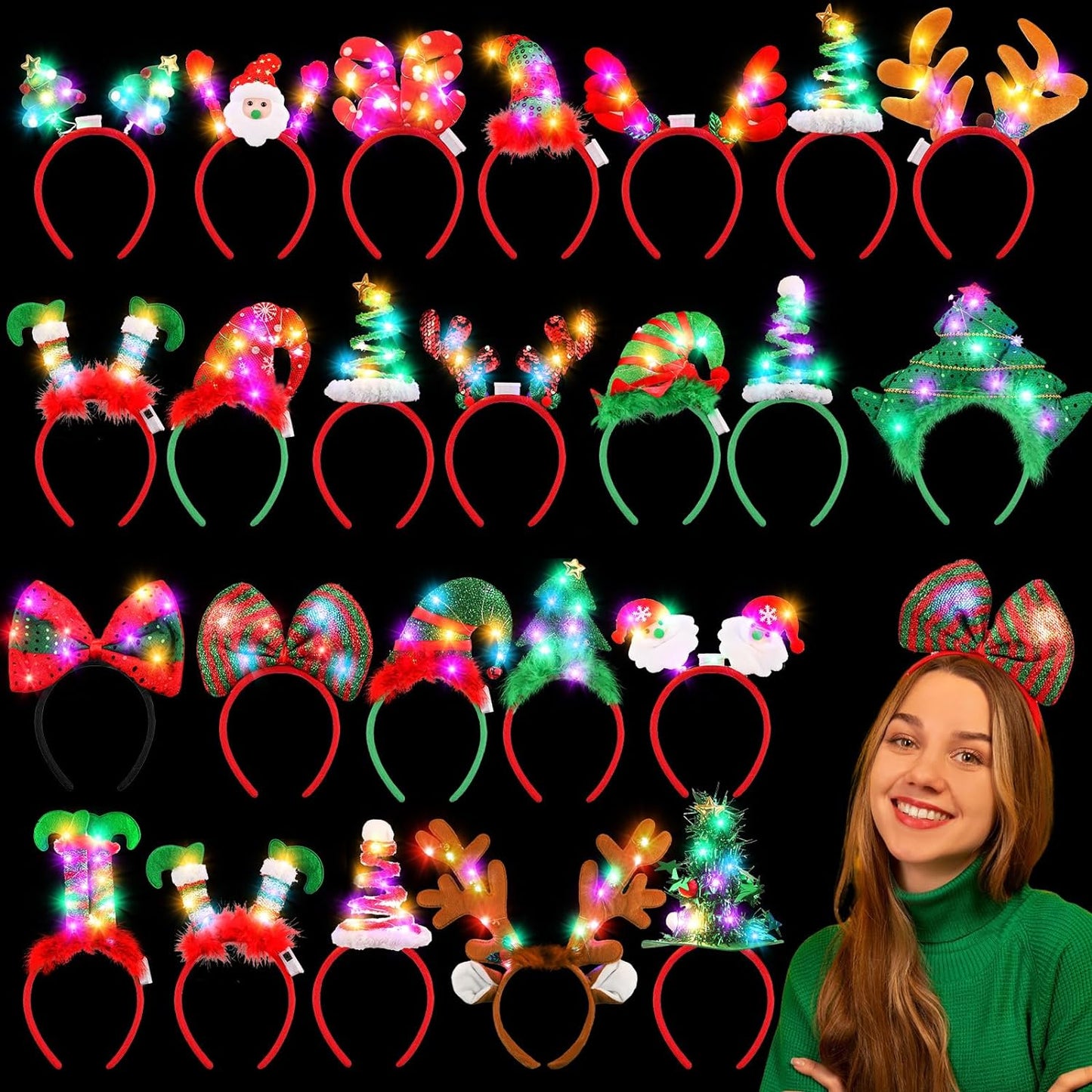 Glitinsel 24 Pcs Christmas Light Up Headbands LED Reindeer Christmas Headband Elf Hair Bands Christmas Tree Santa Claus Headdresses for Women Kids Adult Christmas Cosplay Party Favors Supplies