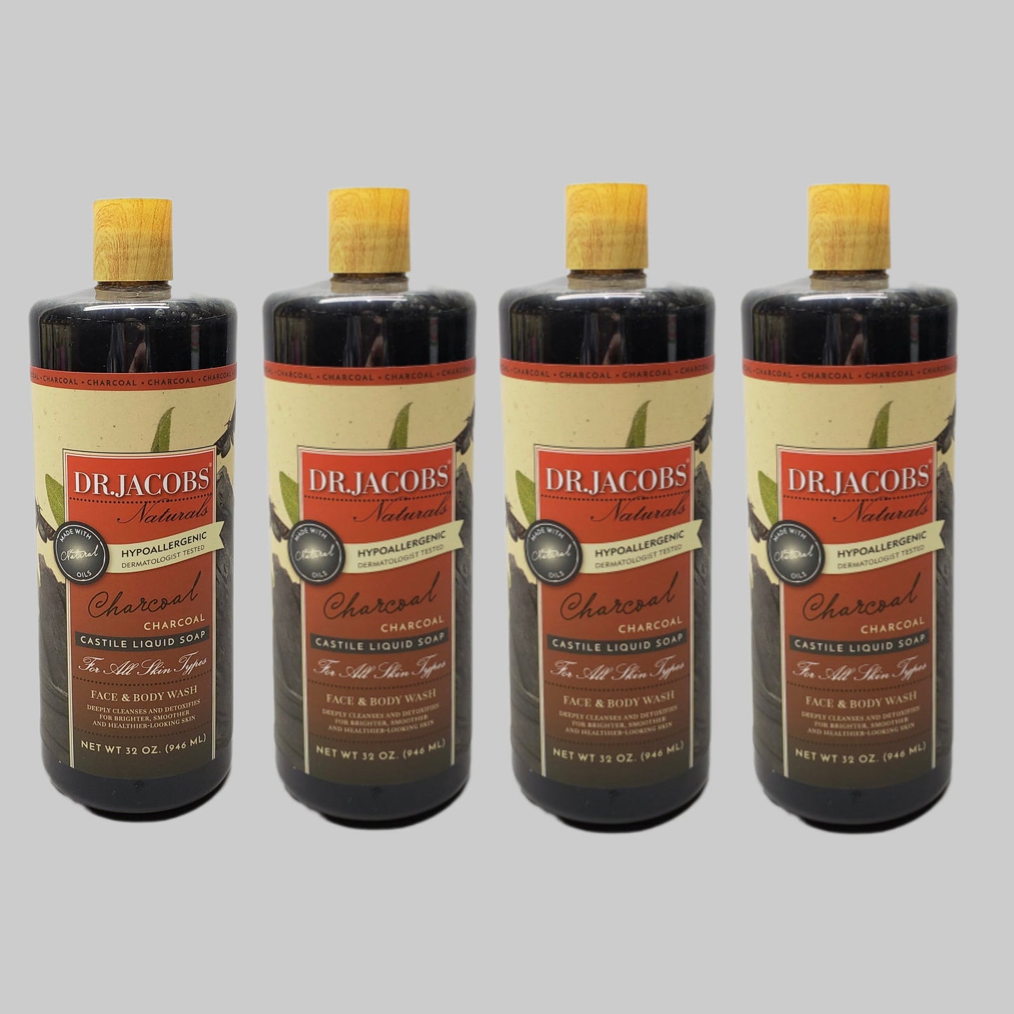 DR. JACOBS NATURALS Charcoal Castile Liquid Soap Lot of 4 - 32 oz Hypoallergenic (New)
