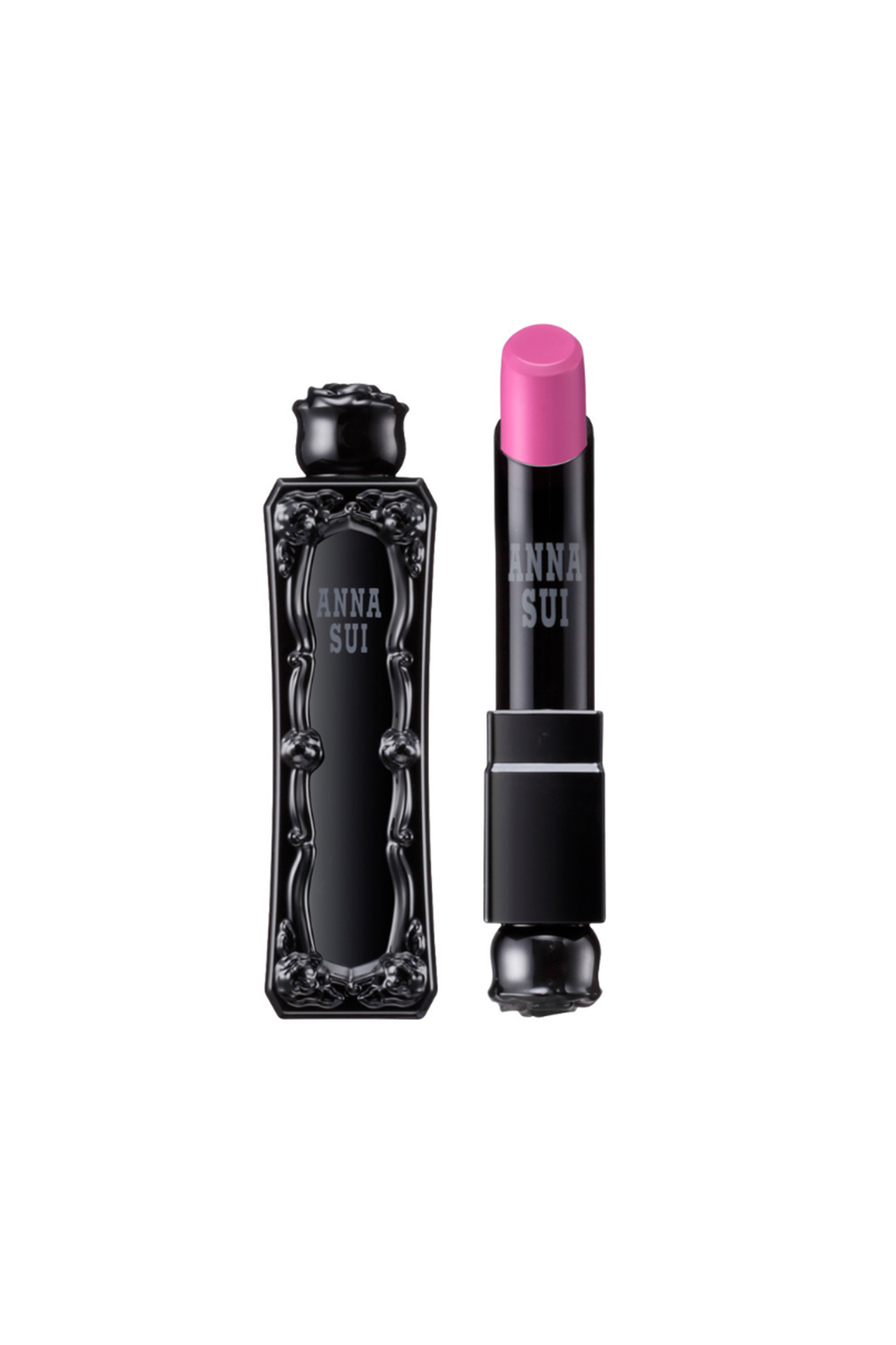 Fairy Pink lipstick, in an Anna Sui, black container with raised rose pattern, rose on top